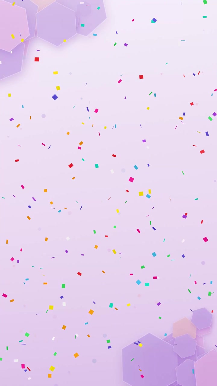 Coriandoli colorati che cadono su uno sfondo viola tenue con forme esagonali.