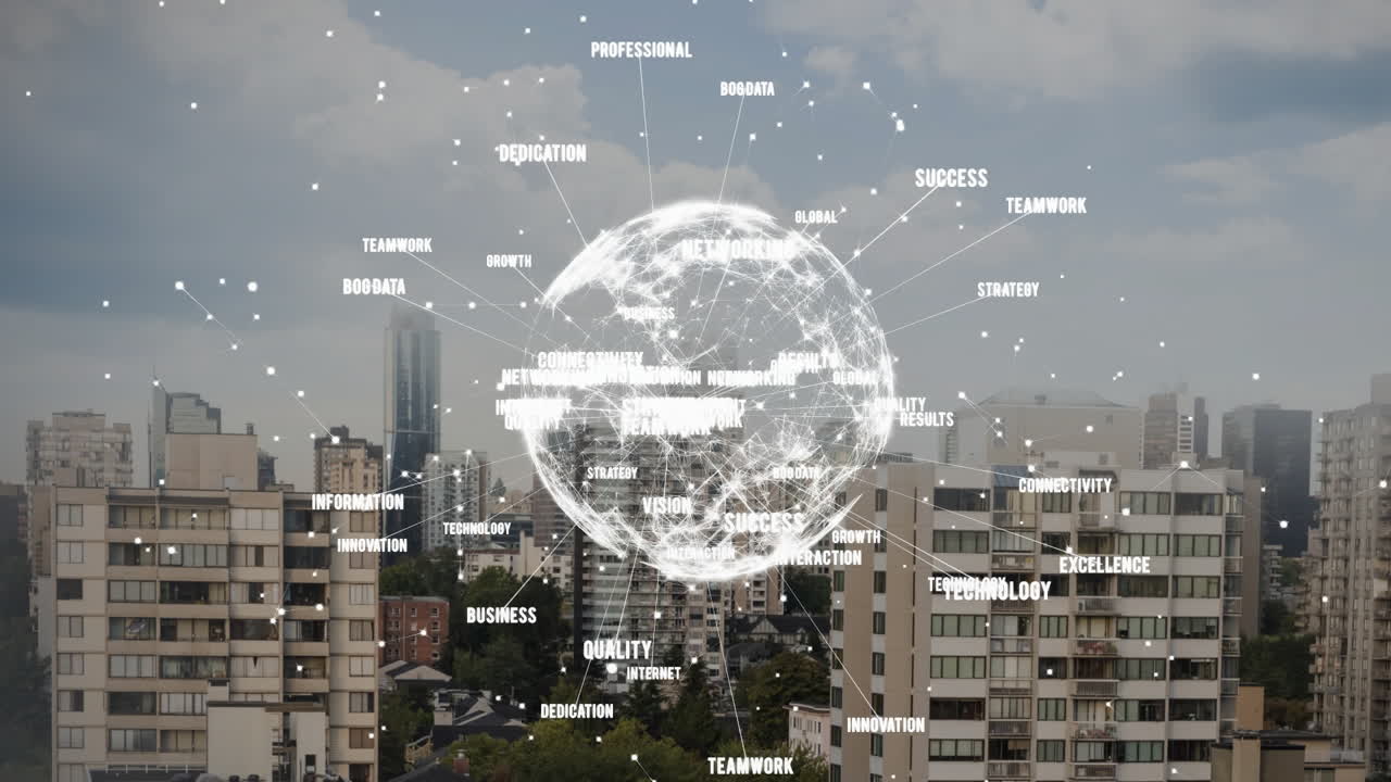 Global network and business keywords animation over cityscape with tall buildings
