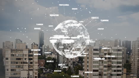 global network and business keywords animation over cityscape with tall buildings