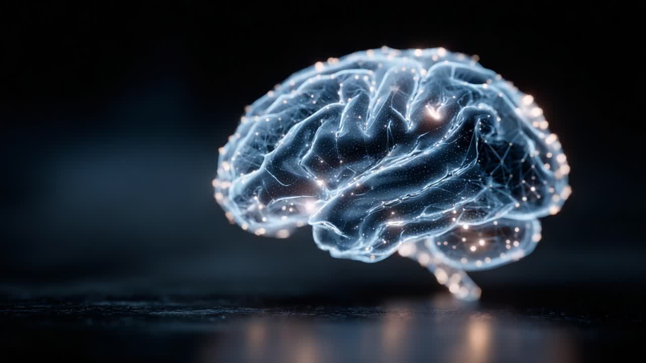 A Glowing Representation of a Brain Highlighting Neural Connections and Cognitive Processes Through Intricate Light Patterns