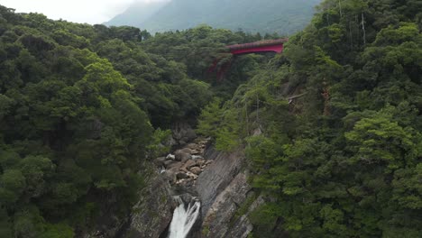 torokino waterfall in yakushima japan, aerial tilt reveal shot