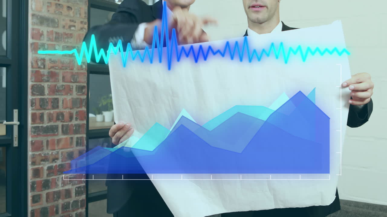 video compuesto digital del procesamiento de datos estadísticos contra dos arquitectos discutiendo sobre el plan