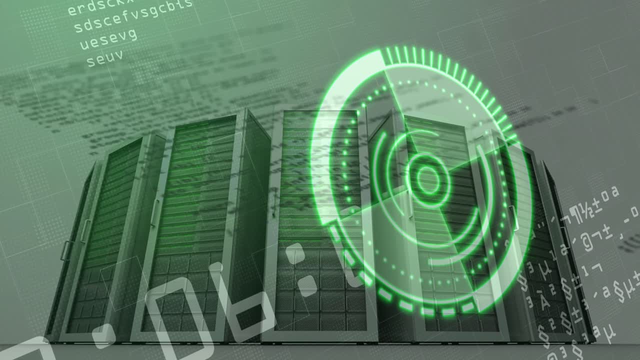 animación del escaneo del alcance con procesamiento de datos sobre la sala del servidor