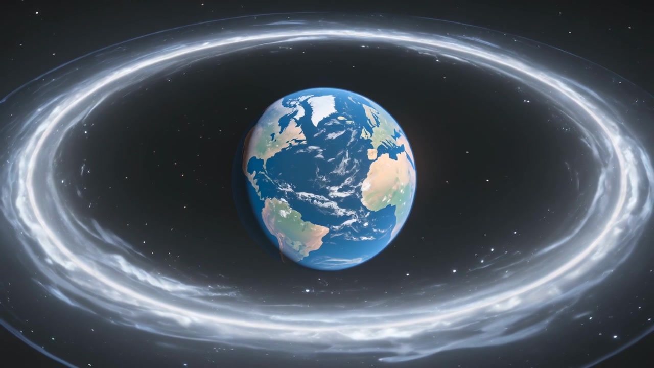 Avvio della riproduzione, globo 3D che ruota nello spazio, anello luminoso e polvere fluttuante che mostrano i continenti.