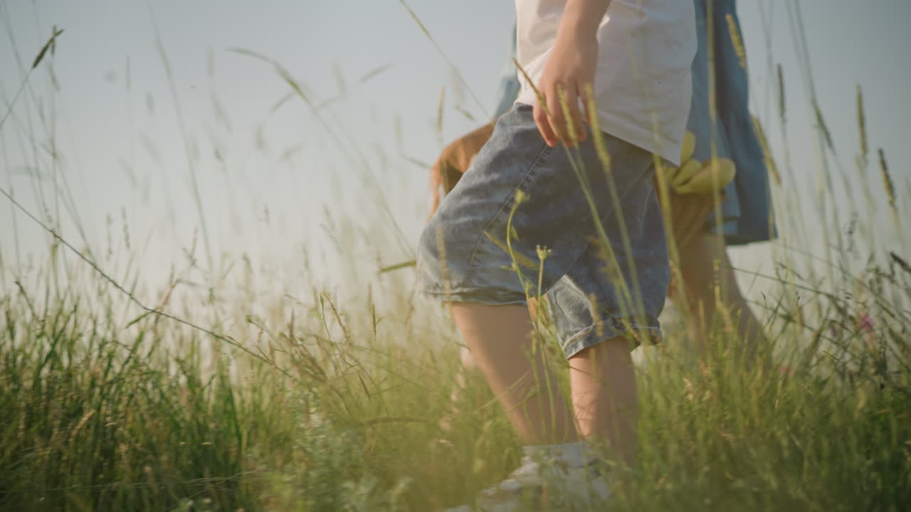 A close-up of a young boy in denim shorts walking alongside a woman in a blue dress holding a basket of fruit, as they stroll through a sunlit grassy field