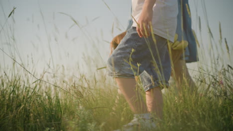 a close-up of a young boy in denim shorts walking alongside a woman in a blue dress holding a basket of fruit, as they stroll through a sunlit grassy field