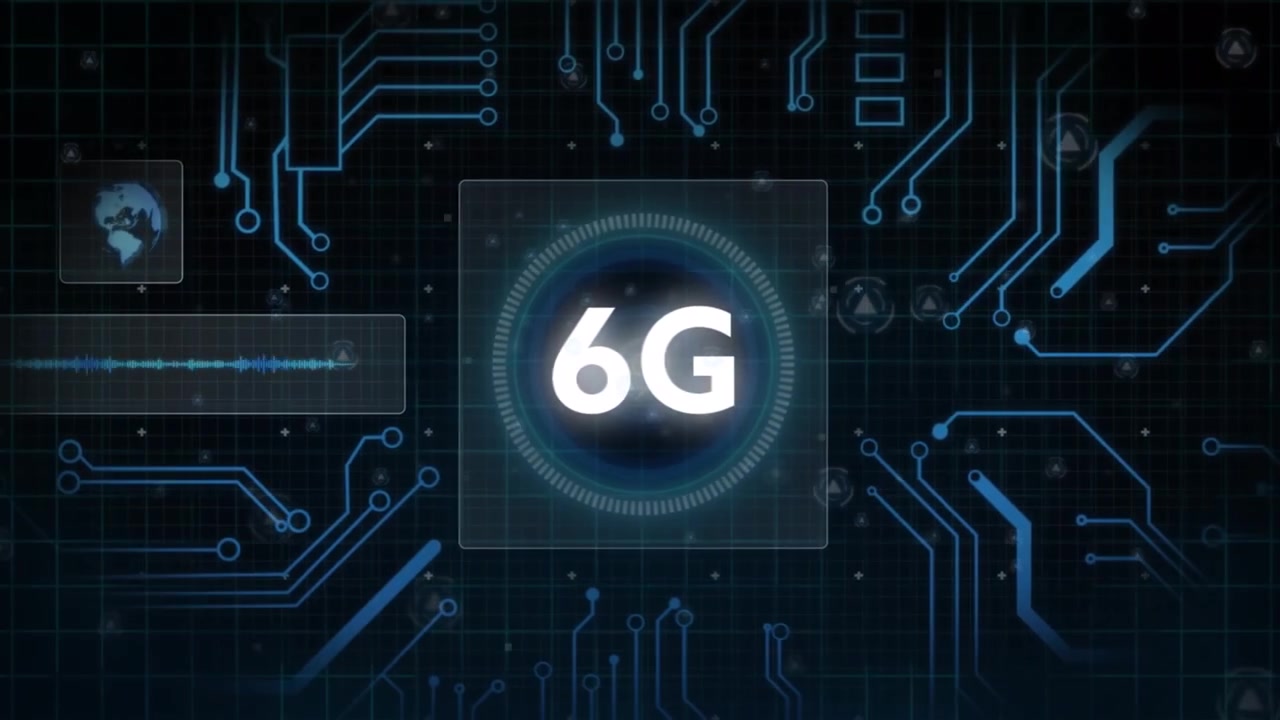 Animation of 6g over purple shapes and integrated circuit on black background