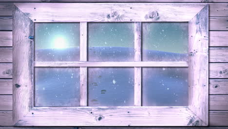 animation of window over snow falling and winter landscape