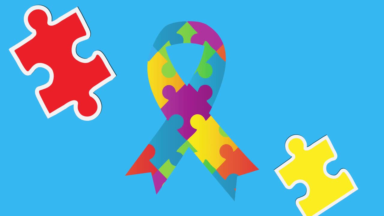 Animazione di puzzle che cadono su un nastro formato da puzzle su sfondo blu