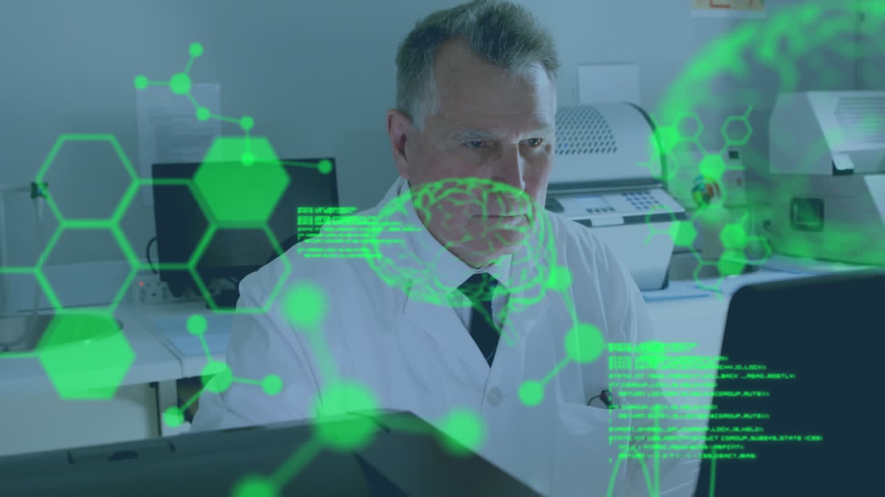 animación del procesamiento de datos, modelo digital del cerebro humano y moléculas sobre el médico usando portátil