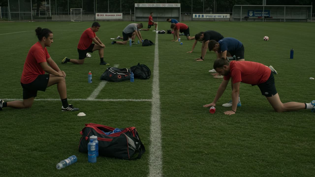 Athletes Engaged in Stretching Exercises on a Soccer Field, Focusing on Team Training and Physical Preparation for Upcoming Competition