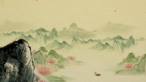 Paisaje-Misterioso-Animación-De-Arte-Digital-Oriental-Tradicional-De-China,-Pintura-Retro-China-Tinta-Montaña-Brumosa-Con-Flores,-árboles,-Pájaros,-Río-En-Fondo-De-Niebla