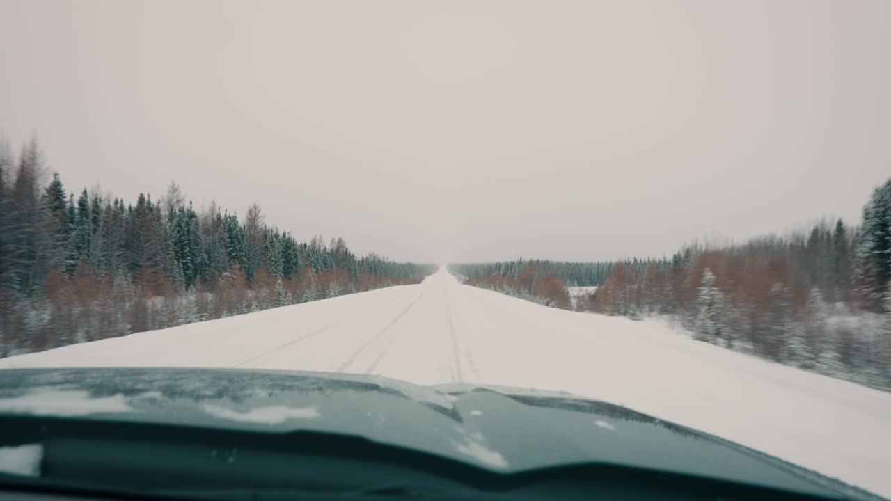 camión pov conduciendo por una carretera de invierno cubierta de nieve blanca con árboles a ambos lados