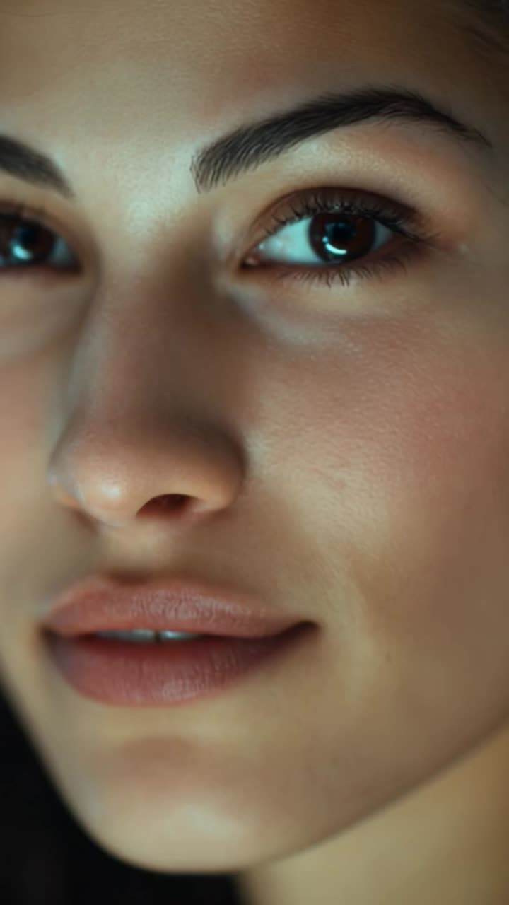 Captivating Close-Up of a Young Woman's Face Highlights Natural Beauty and Intricate Details in Expression, Skin Tone, and Eye Color, Evoking Depth and Emotion