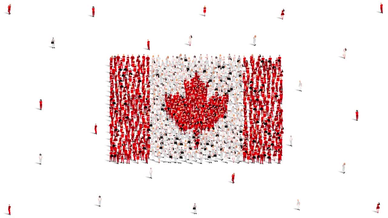 bandera de canadá. un gran grupo de personas se forma para crear la forma de la bandera canadiense. video de animación 4k.
