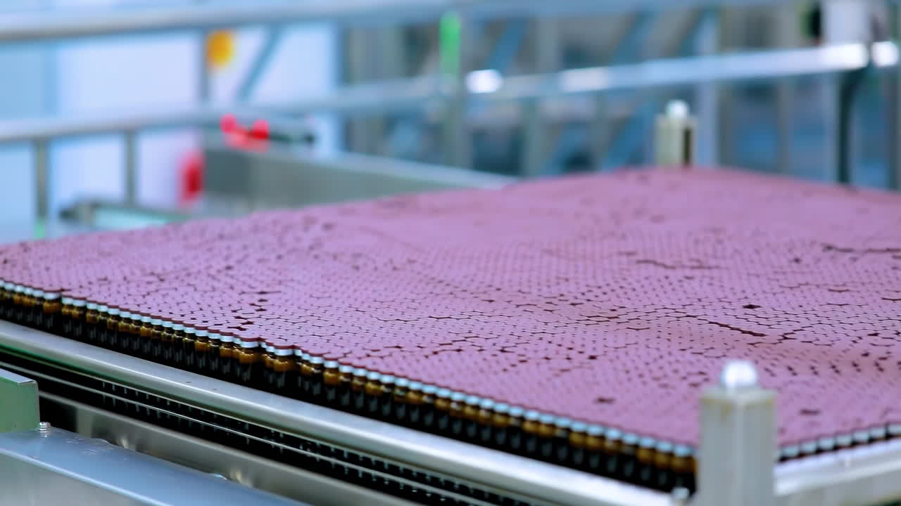 Assembly lines with Medical vials automated pharmaceutical factory oral liquids production line on conveyor belt with amber glass bottles being filled with medication at a pharma plant modern industry