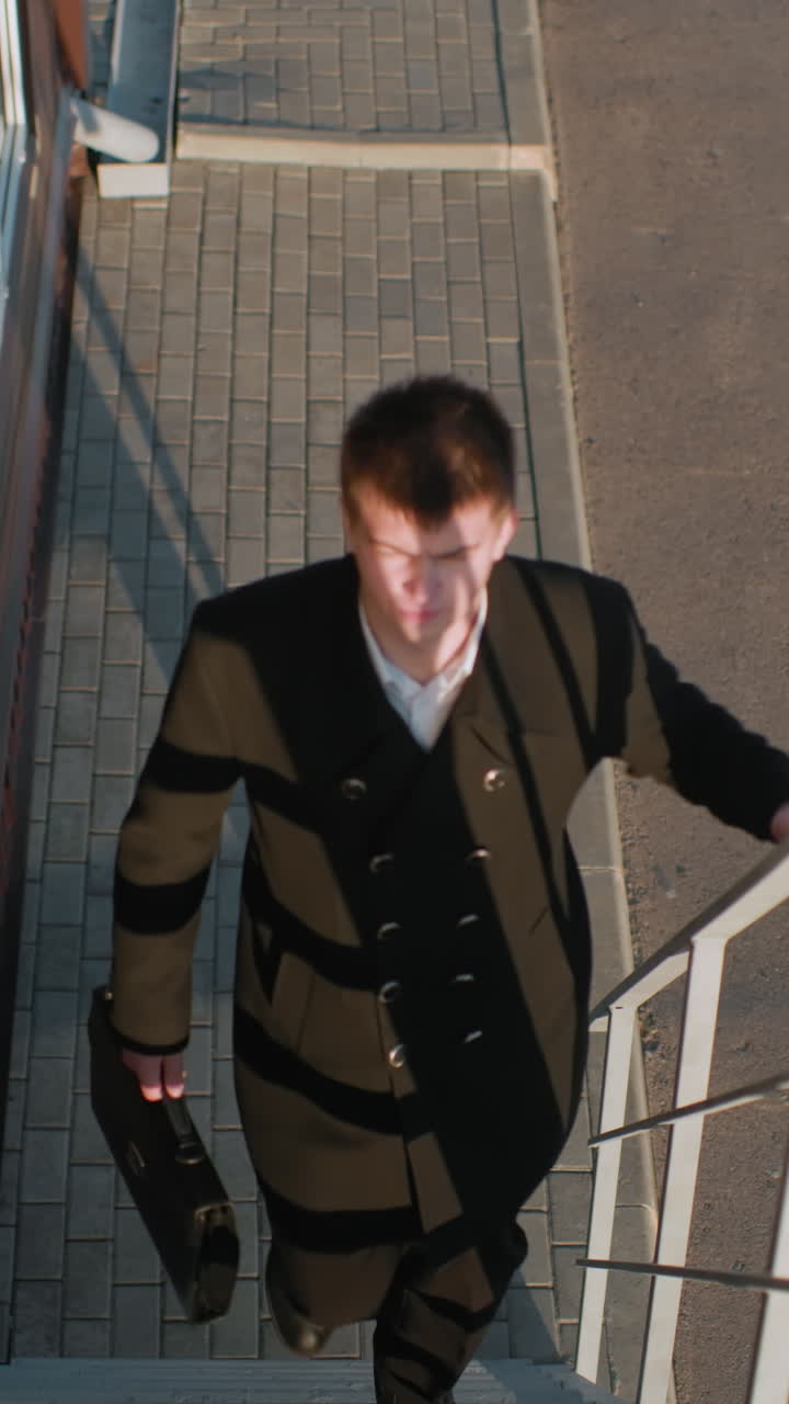 검은 옷을 입은 남자가 오피스 계단을 오르고 오른손으로 서류 가방을 들고 왼손으로 철의 레일링을 들고, 얼굴에서 반사되는 빛, 집중, 전문, 상승 운동