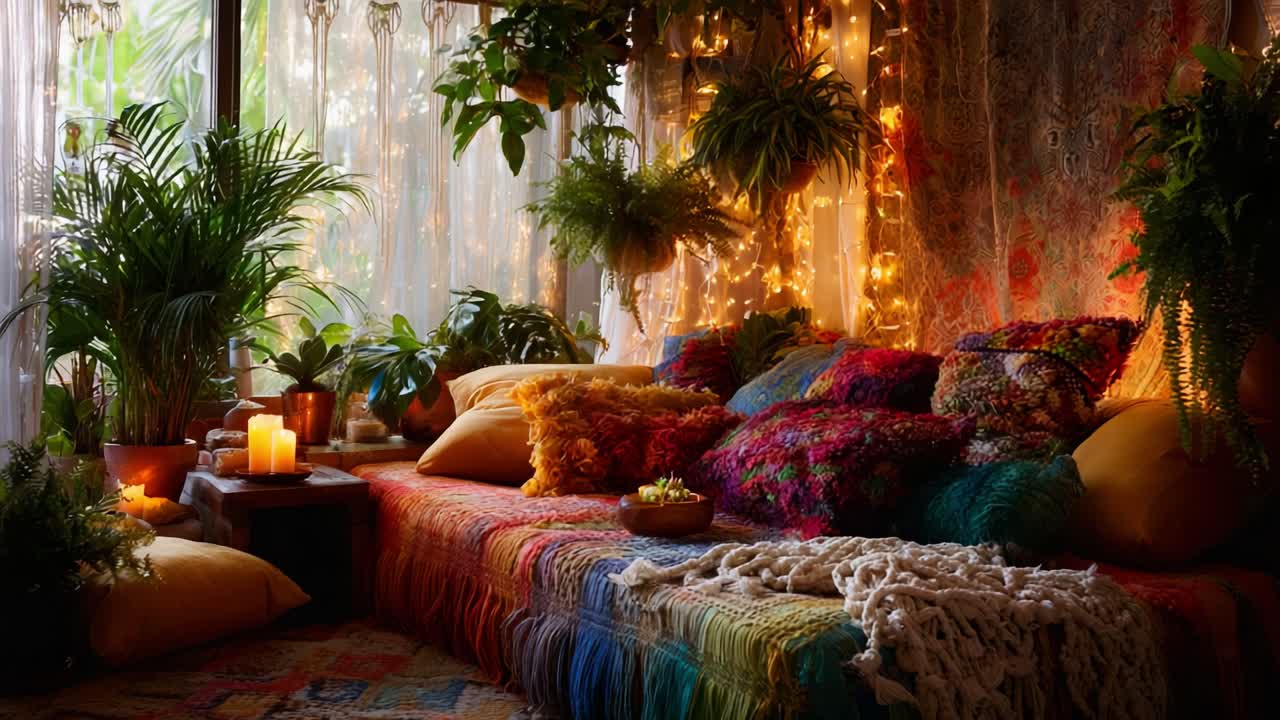 Cozy and Vibrant Indoor Oasis: A Lush, Colorful Living Space Filled with Plants, Warm Lights, and Textiles Creating a Relaxing Atmosphere for Leisure and Reflection
