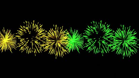 animation of yellow and green christmas and new year fireworks exploding in night sky