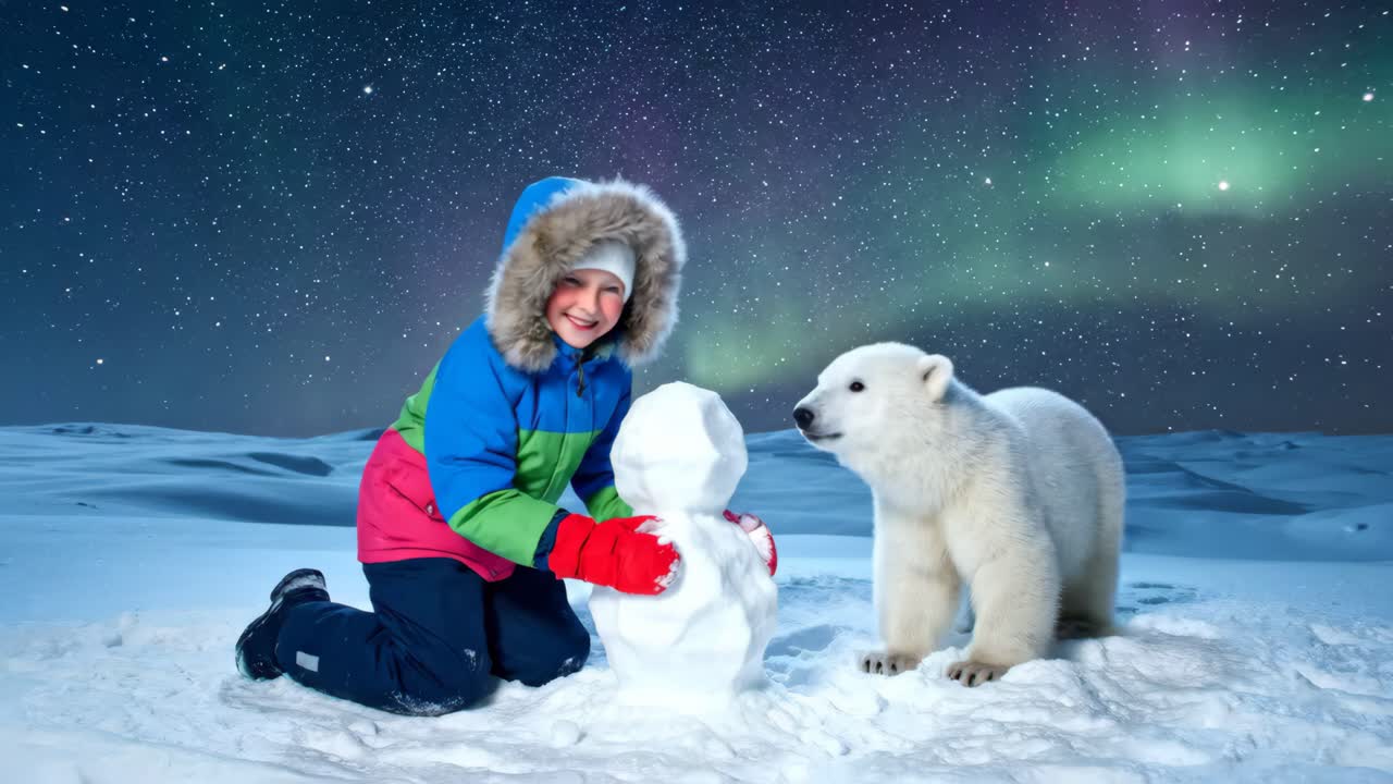 Child Building Snowman with Polar Bear Under Aurora