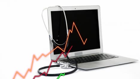 Animation-of-multiple-graphs-over-stethoscope-on-laptop-on-table-against-white-background