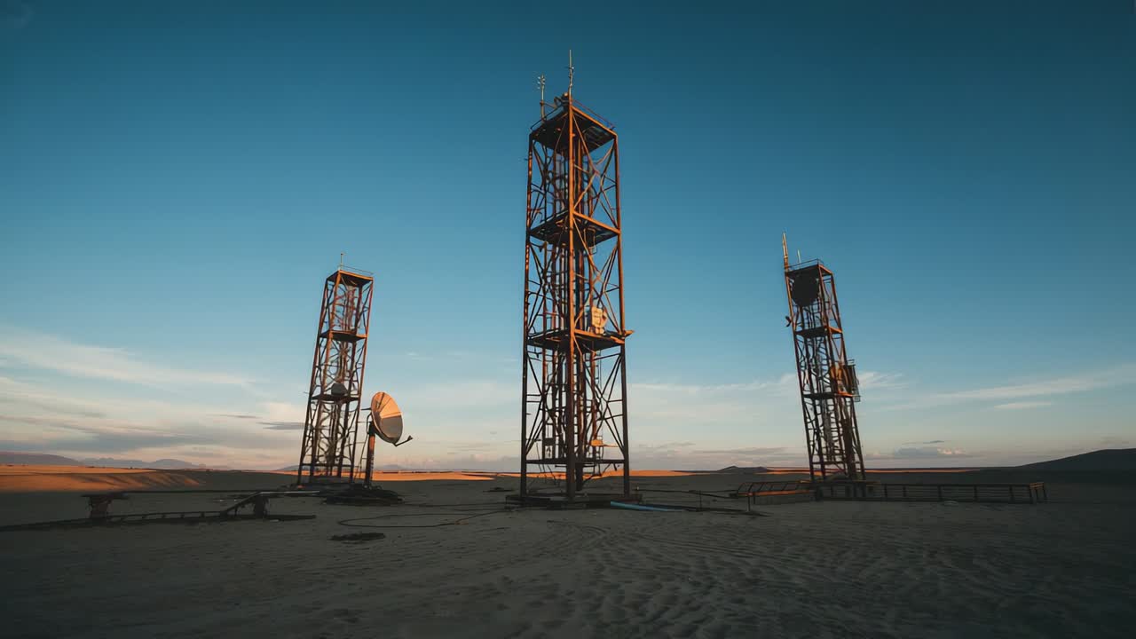 Sun lowering casting golden light across three metal towers on desert plain with long shadows