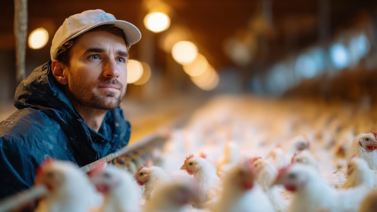 A Farmer Observes His Flock: The Responsibility and Care in Poultry Farming Amidst the Warm Glow of Barn Lights on a Poultry Farm
