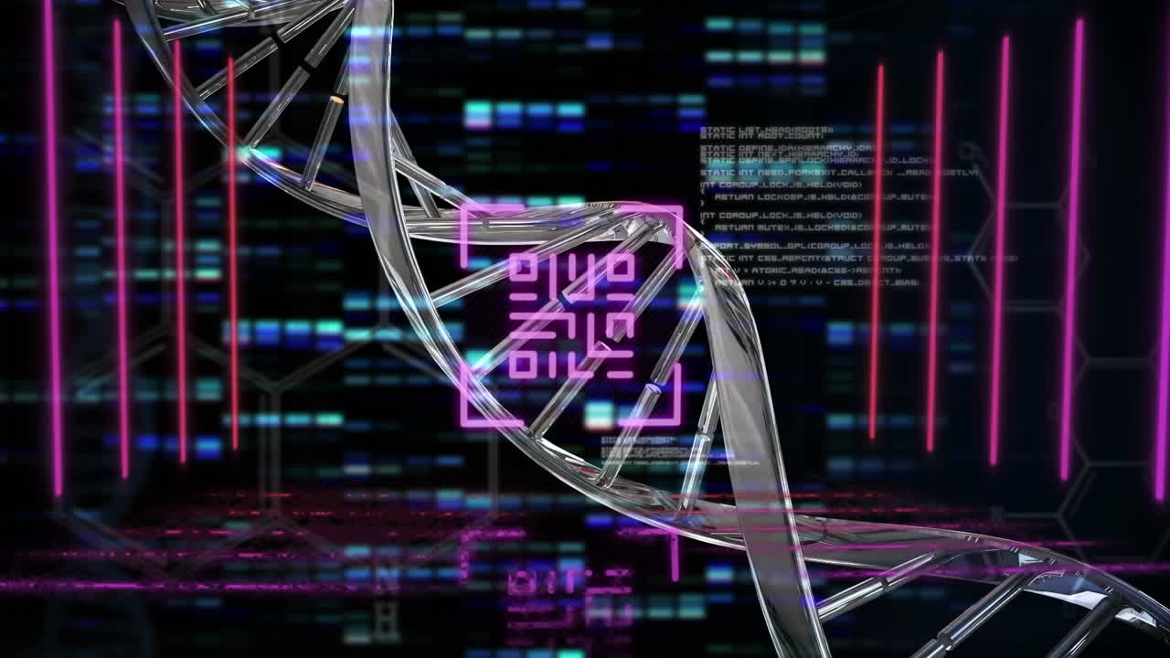 검은 바탕에 dna 구조와 모자이크 사각형 위에 네온 노란색 qr 코드의 디지털 애니메이션