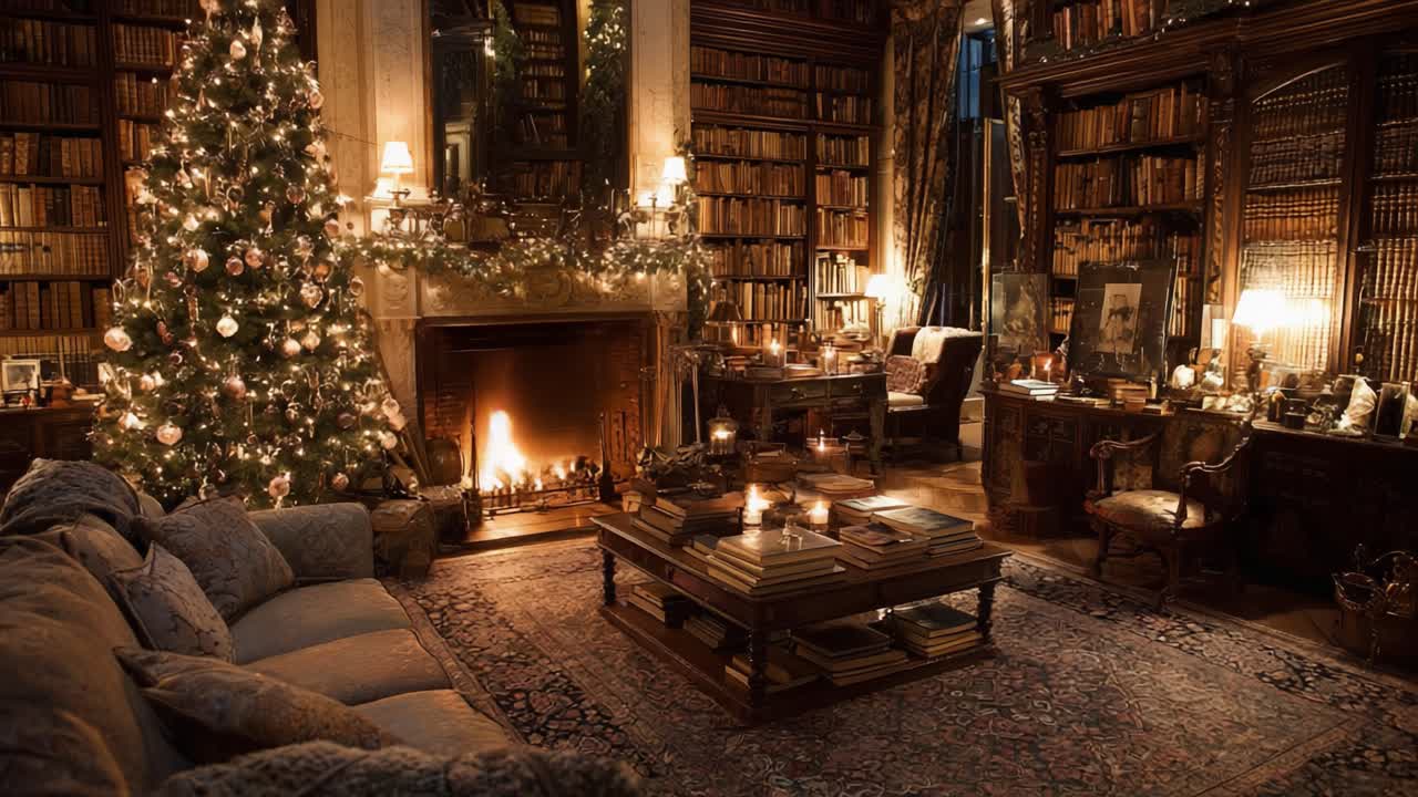 Cozy Holiday Living Room with Christmas Tree, Festive Decor, and Warm Fireplace Ambiance Creating an Inviting Atmosphere for Family Gatherings