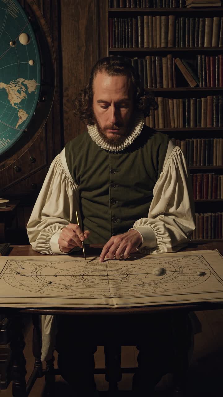 Uno Studioso in Abiti Storici Esamina una Mappa Celeste in una Biblioteca