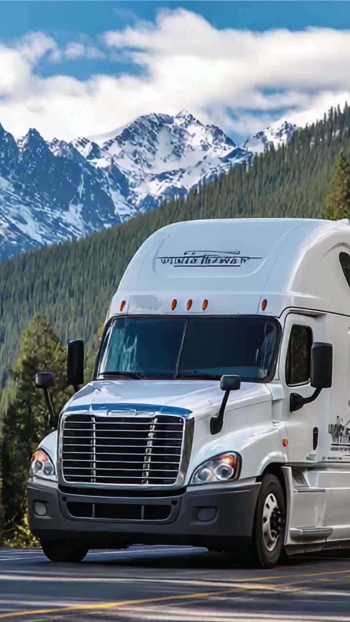 Un viaggio maestoso attraverso la natura: un camion merci percorre strade di montagna affiancate da vette spettacolari e rigogliose pinete in un paesaggio pittoresco