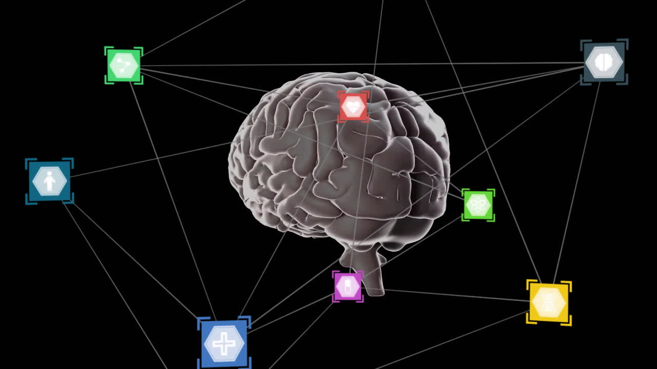 Animation of network of connections with icons over brain