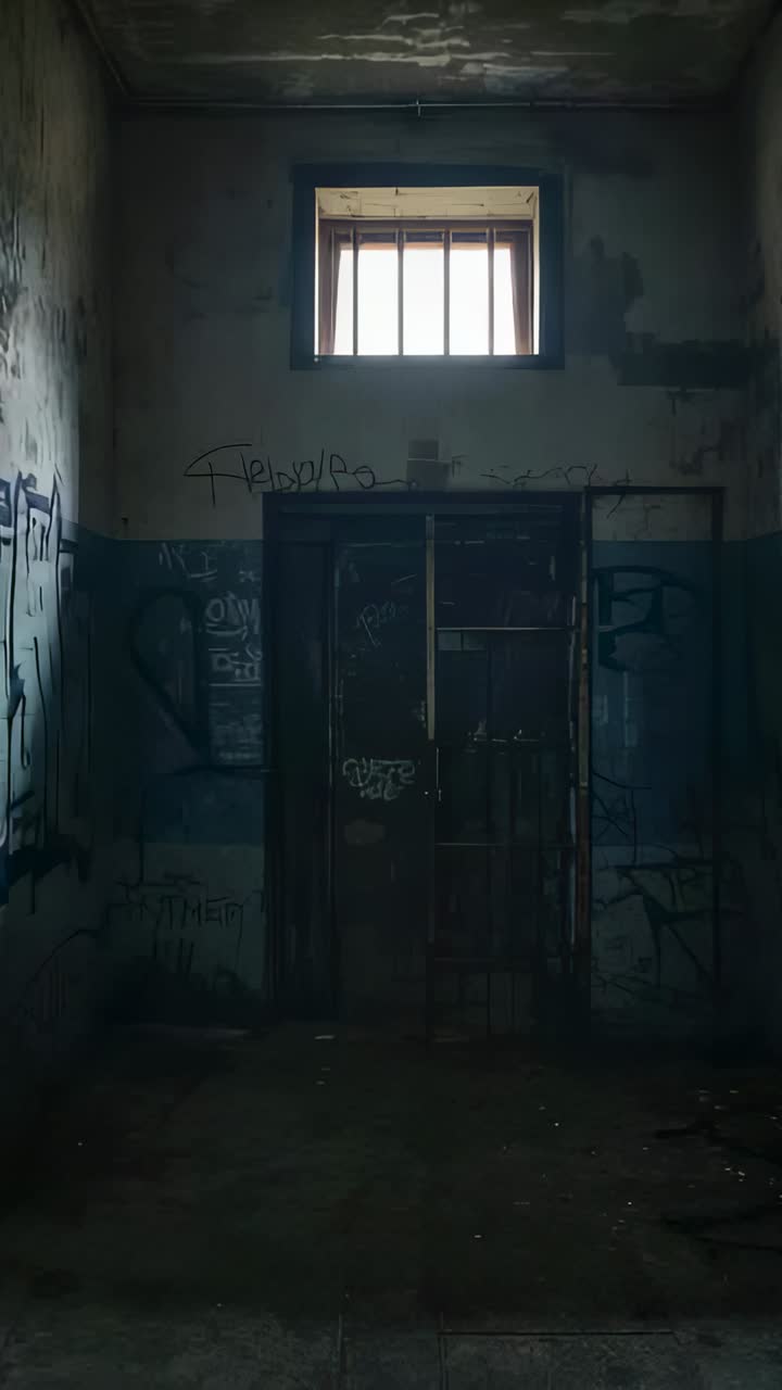 Vertical video: Framing rusted door with high barred window in abandoned cell, sunlight shifting