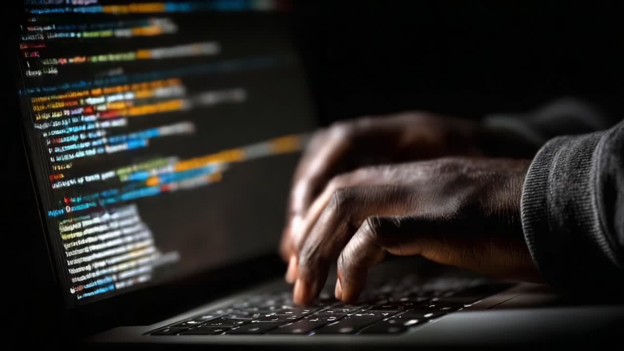 Engaged in Coding: A Close-Up View of Hands on a Keyboard with Colorful Programming Code Displayed on a Dark Background, Showcasing the Art of Software Development