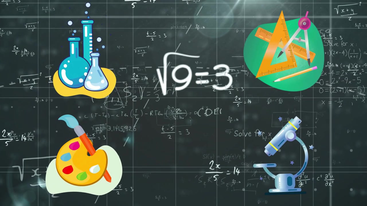 '?9=3' drawing starting four icons glowing, math filling board, globe forming, flares for lesson