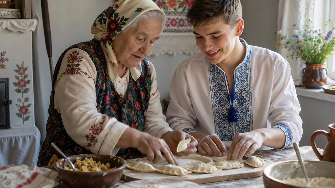 Elderly grandmother and young grandson making traditional handmade dumplings together at a wooden table inside a rustic home