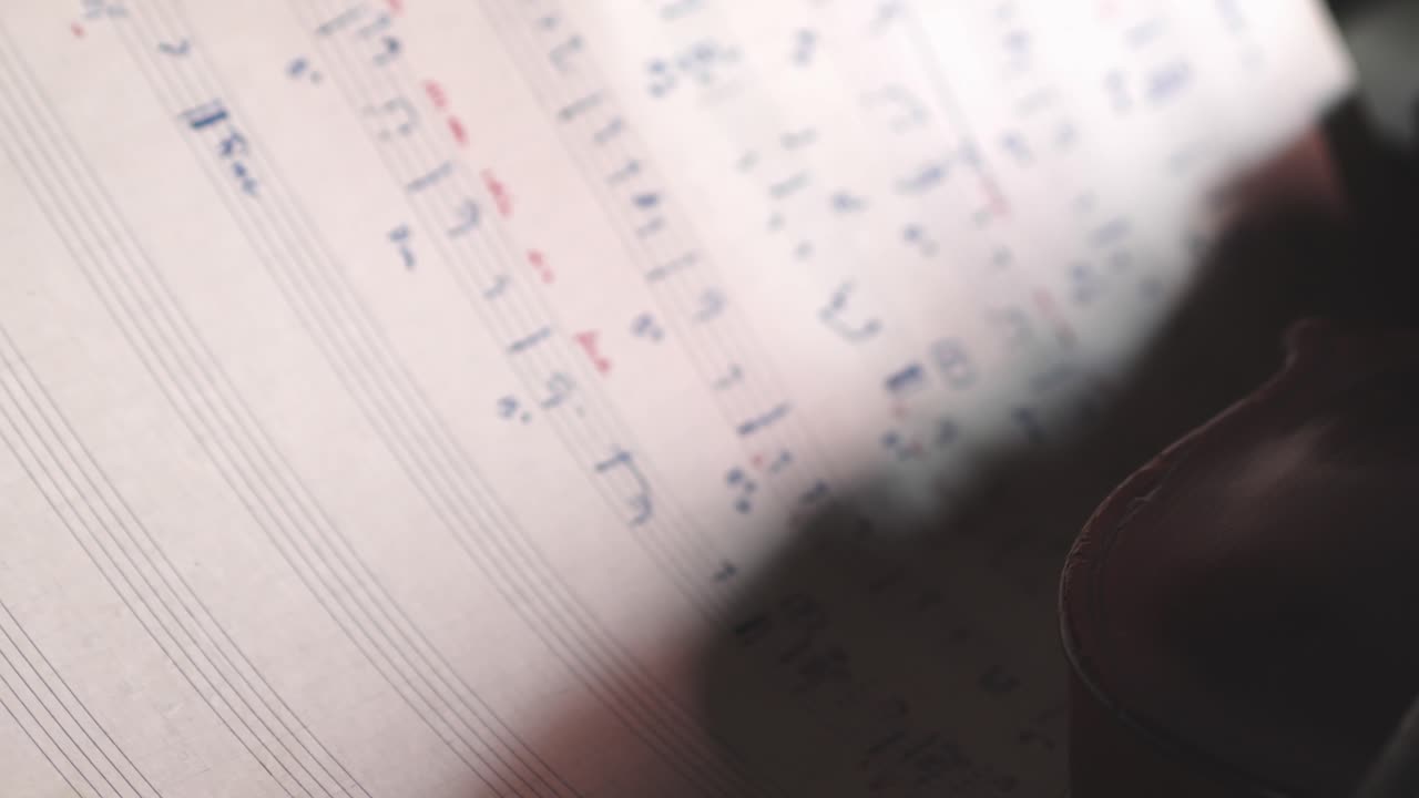 Pull focus reveals composers music sheet with classical violin