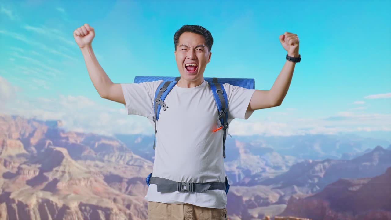 Asian Male Hiker With Mountaineering Backpack Screaming Goal Celebrating The Success While Traveling At The Top Of Mountain