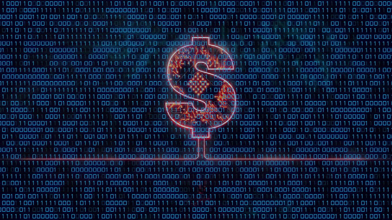 animación del signo del dólar estadounidense y procesamiento de datos de codificación binaria