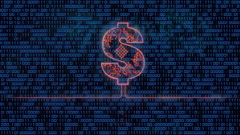 animación del signo del dólar estadounidense y procesamiento de datos de codificación binaria