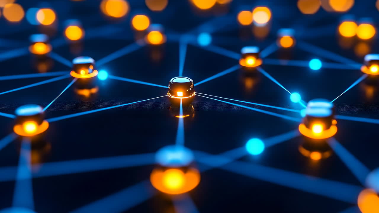 Glowing nodes in a network. Glowing nodes connect through lines on a dark surface, creating a vibrant digital network in an abstract design