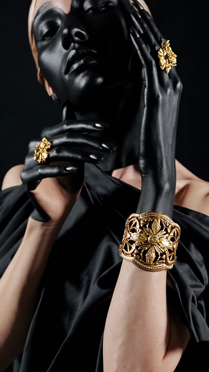 Ritratto d'avanguardia con body painting nero e gioielli d'oro