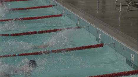 Swimmers-reach-the-end-of-a-race-one-man-holds-his-hand-up