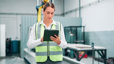 mujer ingeniera que supervisa el robot industrial en una instalación de fabricación