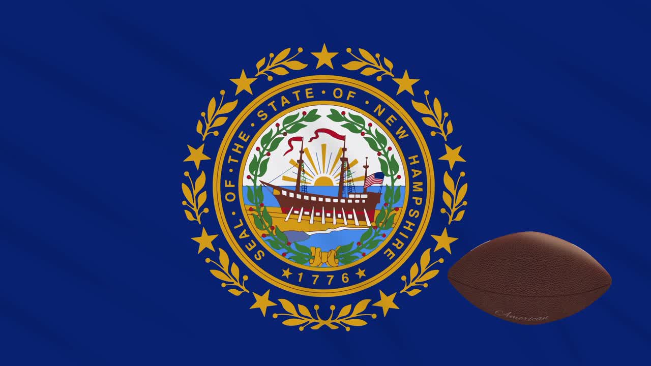 nueva bandera de hampshire agitando y la pelota de fútbol americano gira, bucle