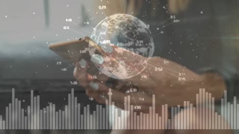 globe of network of connections ad equalizer against mid section of woman using smartphone