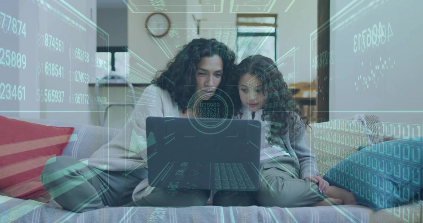 Mom and daughter seeing laptop showing HUD overlay around them, leaning on sofa exploring edu app