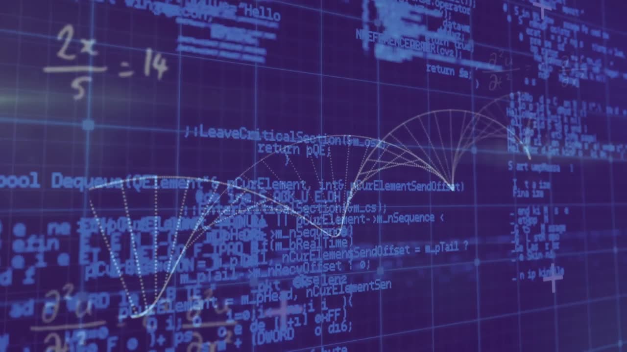 Animation of processing blue data and dna helix rotating over grid on blue screen