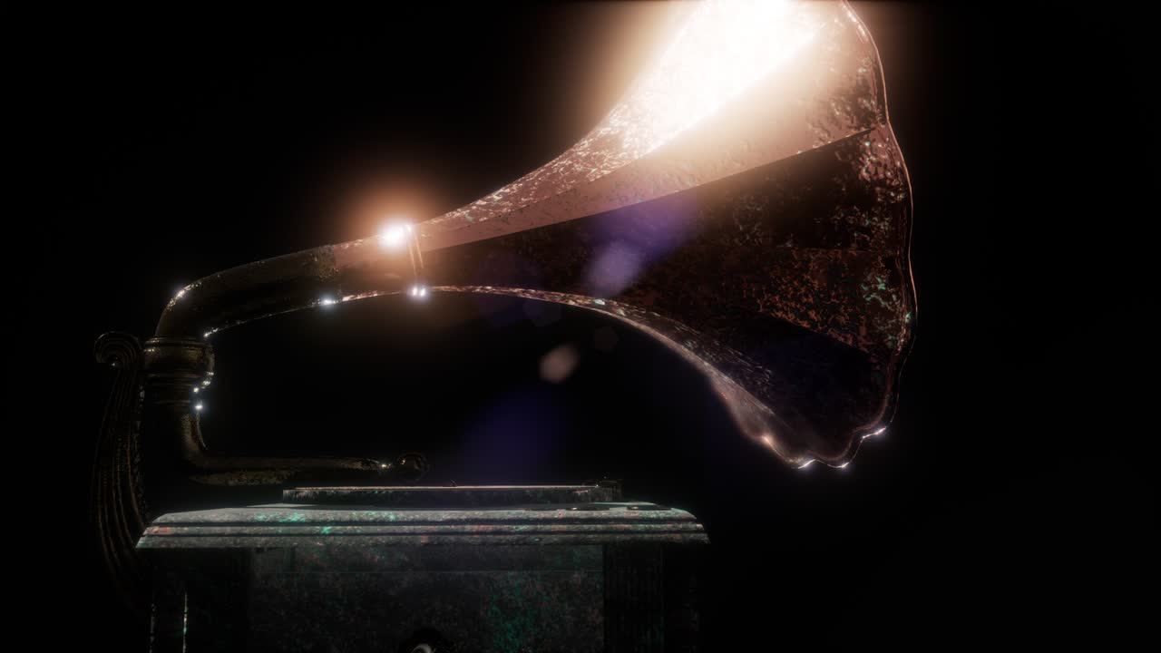 레트로 테크놀로지로 어두운 곳에서 빈티지 그라모폰을 연주합니다.