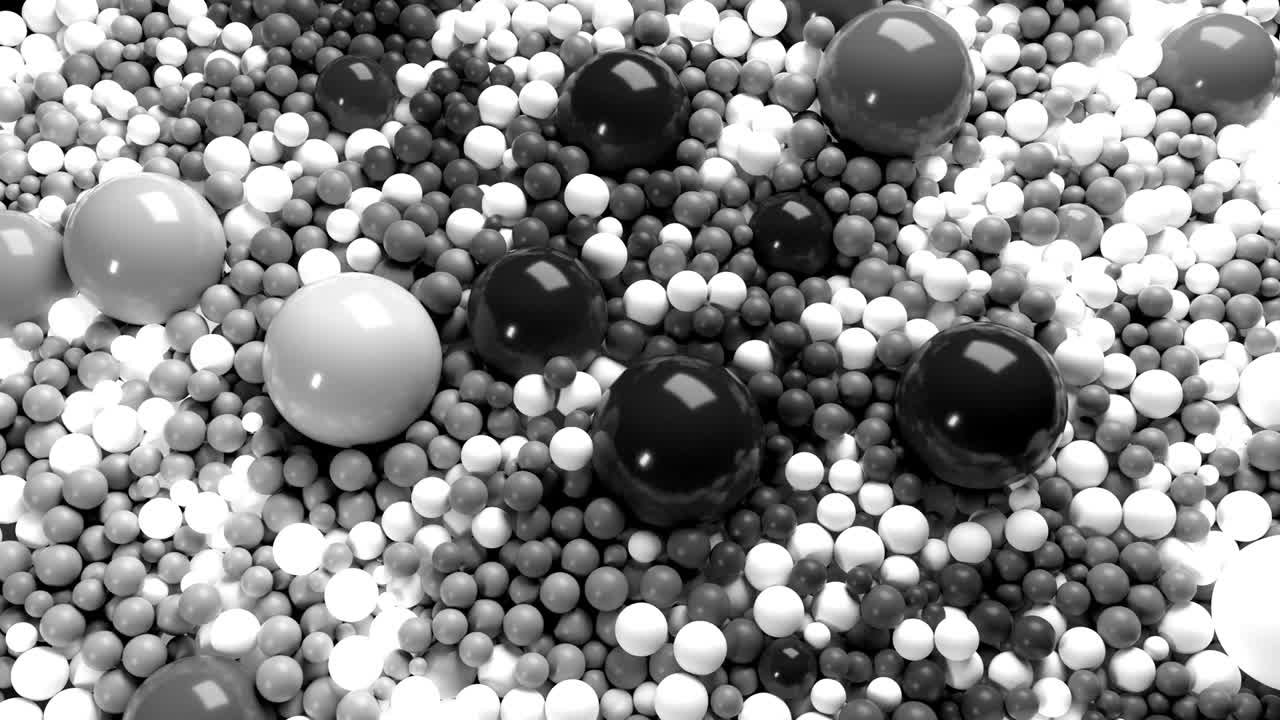 추상적인 기하학적 배경으로 아름다운 검은색과 색의 크고 작은 구 또는 공을 가진 4d 루프 애니메이션.